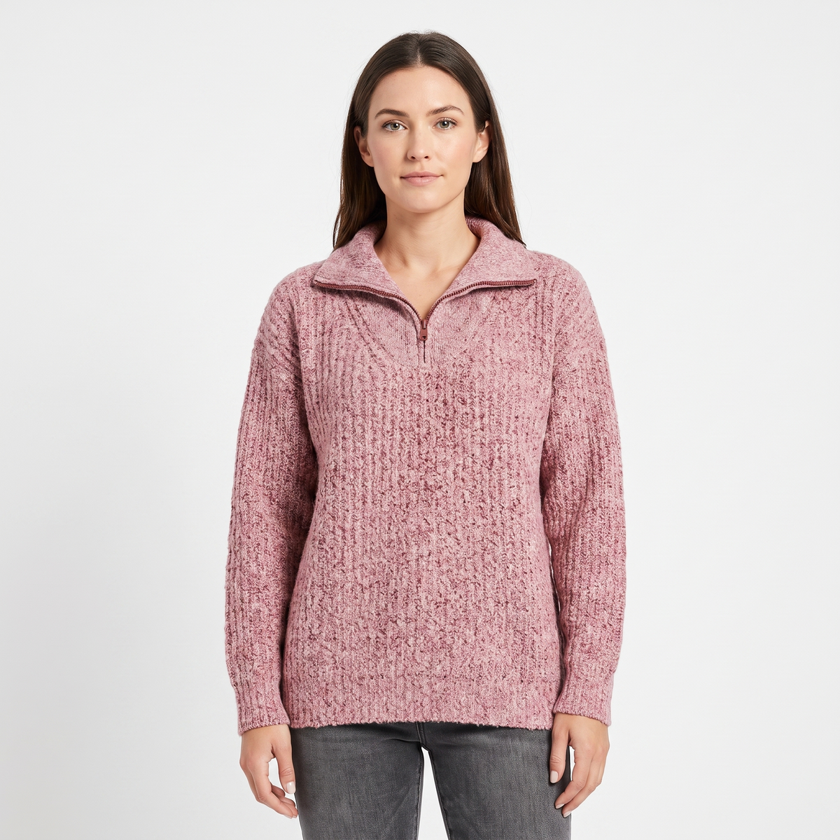 Maglione da donna con zip a 1/4, in maglia a costine, con colletto