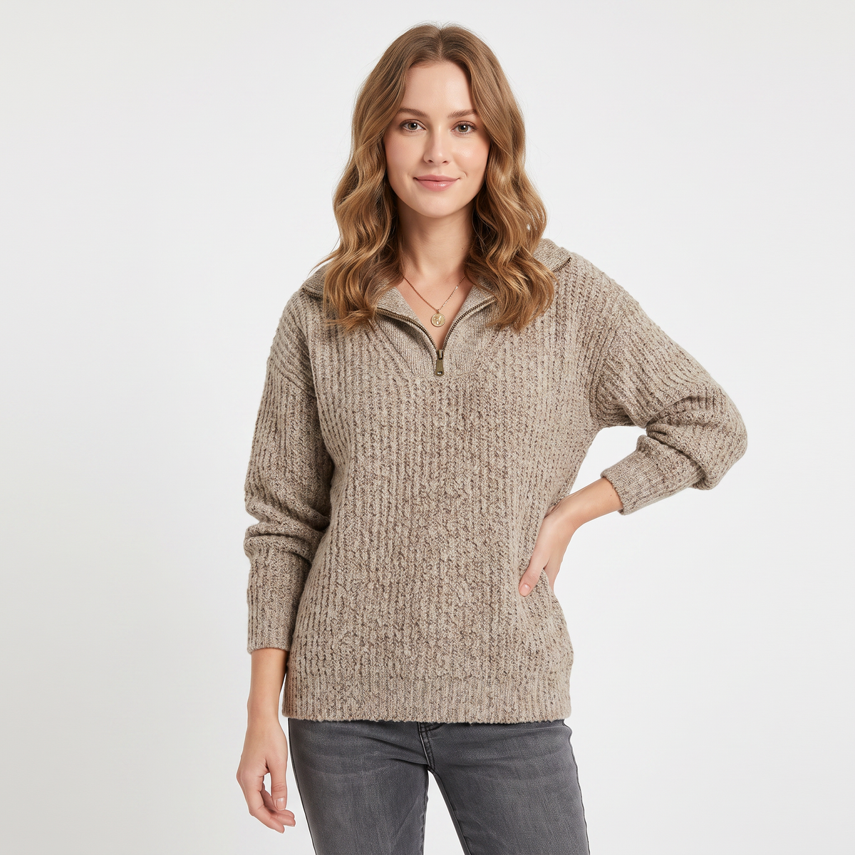 Maglione da donna con zip a 1/4, in maglia a costine, con colletto