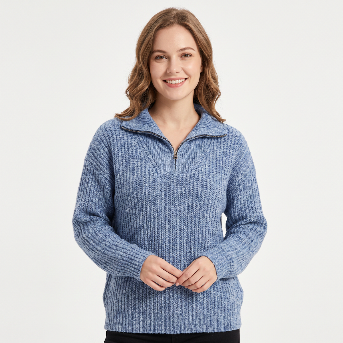 Maglione da donna con zip a 1/4, in maglia a costine, con colletto