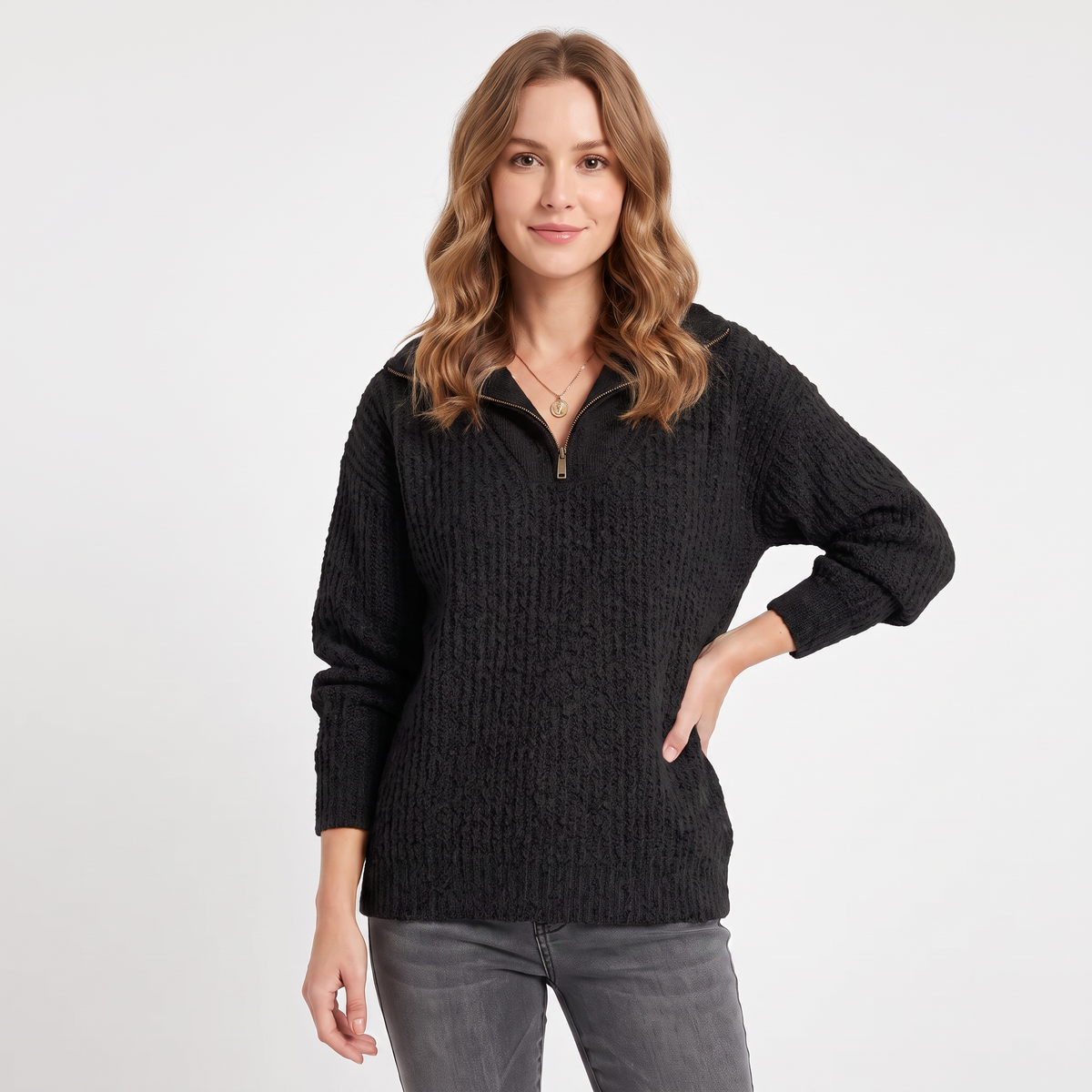 Maglione da donna con zip a 1/4, in maglia a costine, con colletto