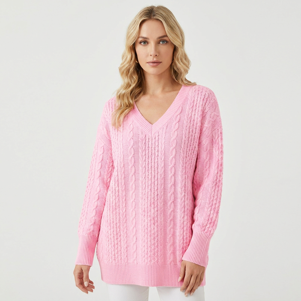 Women's Cable Knit Winter Sweater Oversized V-Neck Long-Sleeve Pullover