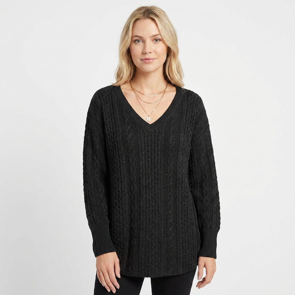 Women's Cable Knit Winter Sweater Oversized V-Neck Long-Sleeve Pullover