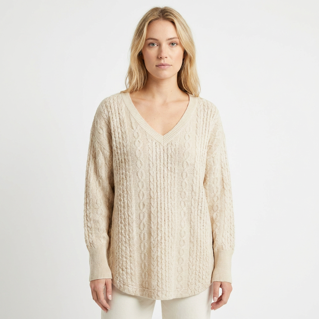 Women's Cable Knit Winter Sweater Oversized V-Neck Long-Sleeve Pullover