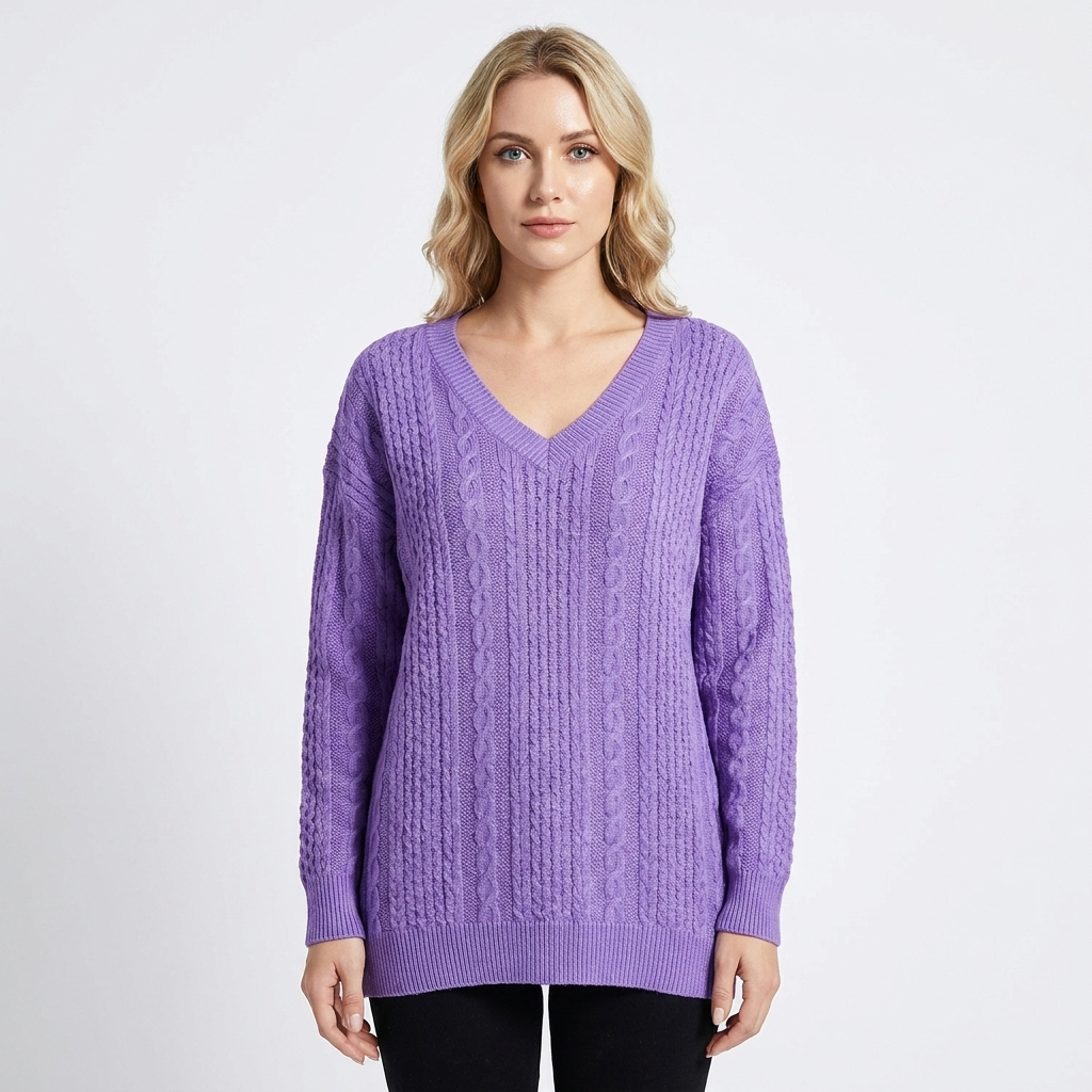 Women's Cable Knit Winter Sweater Oversized V-Neck Long-Sleeve Pullover