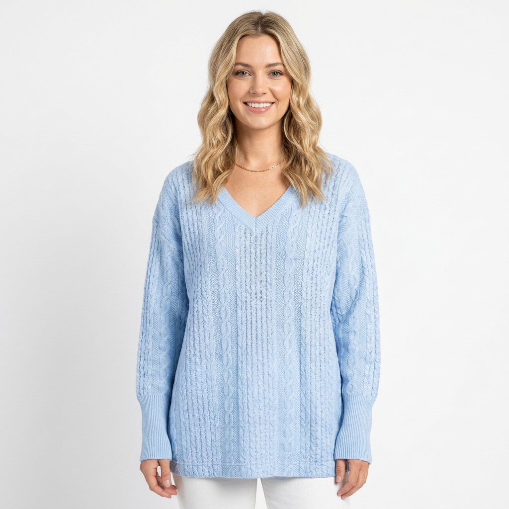 Women's Cable Knit Winter Sweater Oversized V-Neck Long-Sleeve Pullover