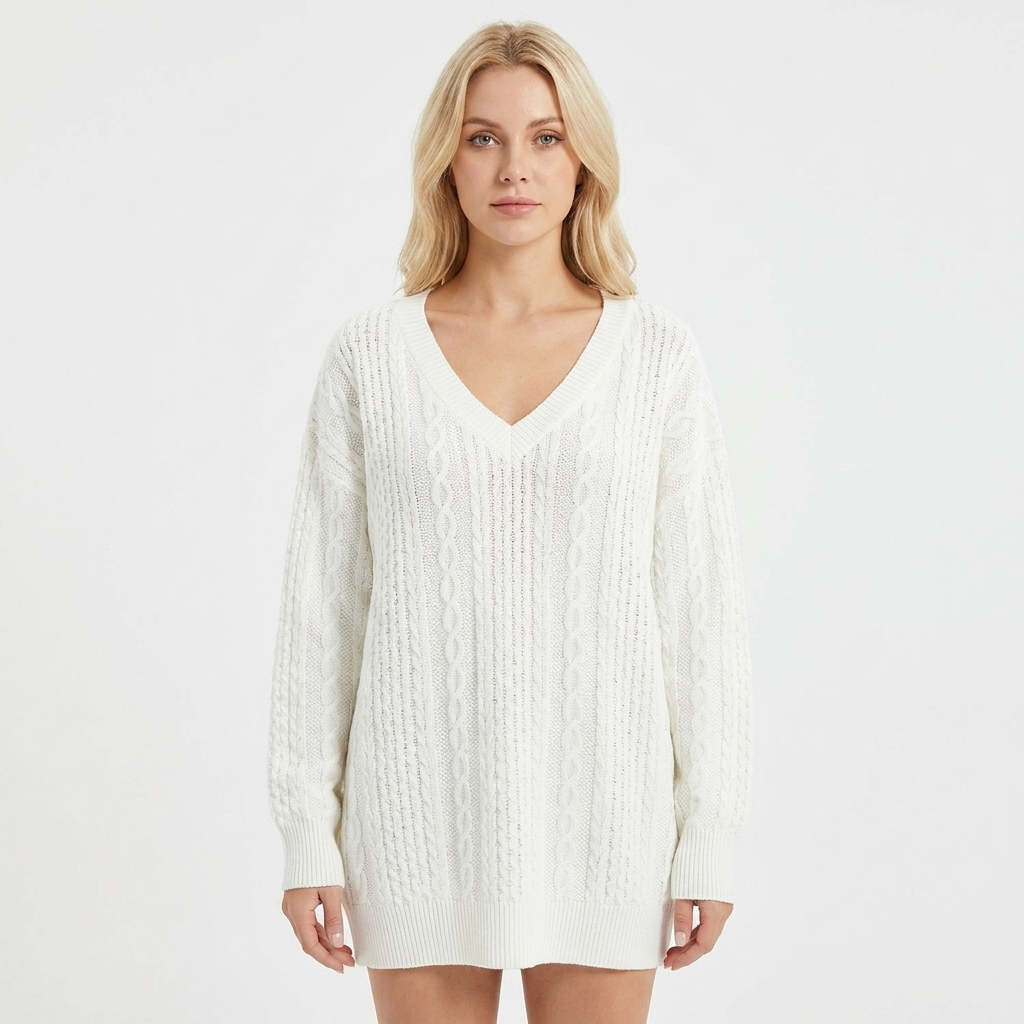 Women's Cable Knit Winter Sweater Oversized V-Neck Long-Sleeve Pullover