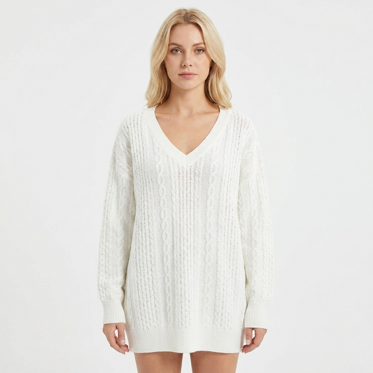 Women's Cable Knit Winter Sweater Oversized V-Neck Long-Sleeve Pullover