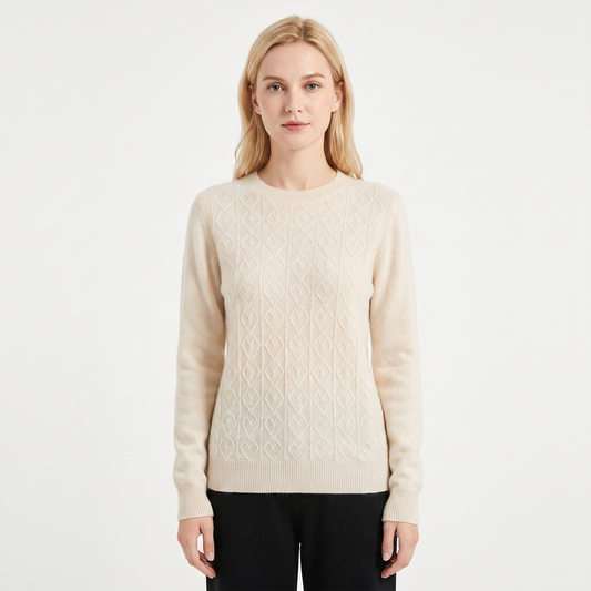 Women's Cable Knit Winter Sweater Crew-Neck Soft Wool Blend Pullover