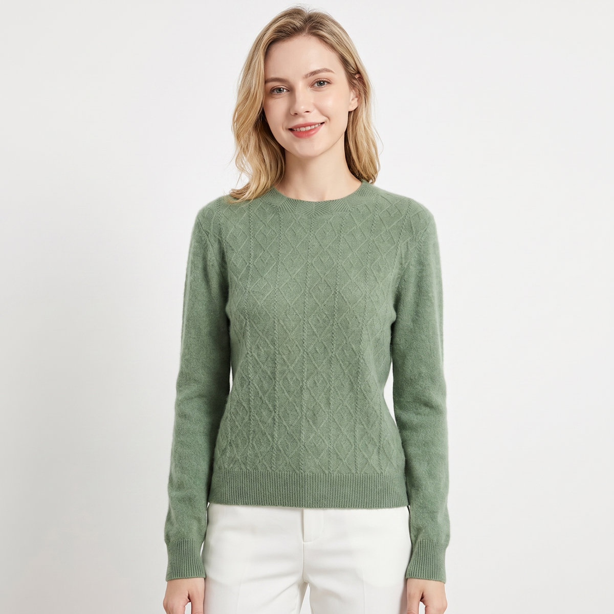 Women's Cable Knit Winter Sweater Crew-Neck Soft Wool Blend Pullover