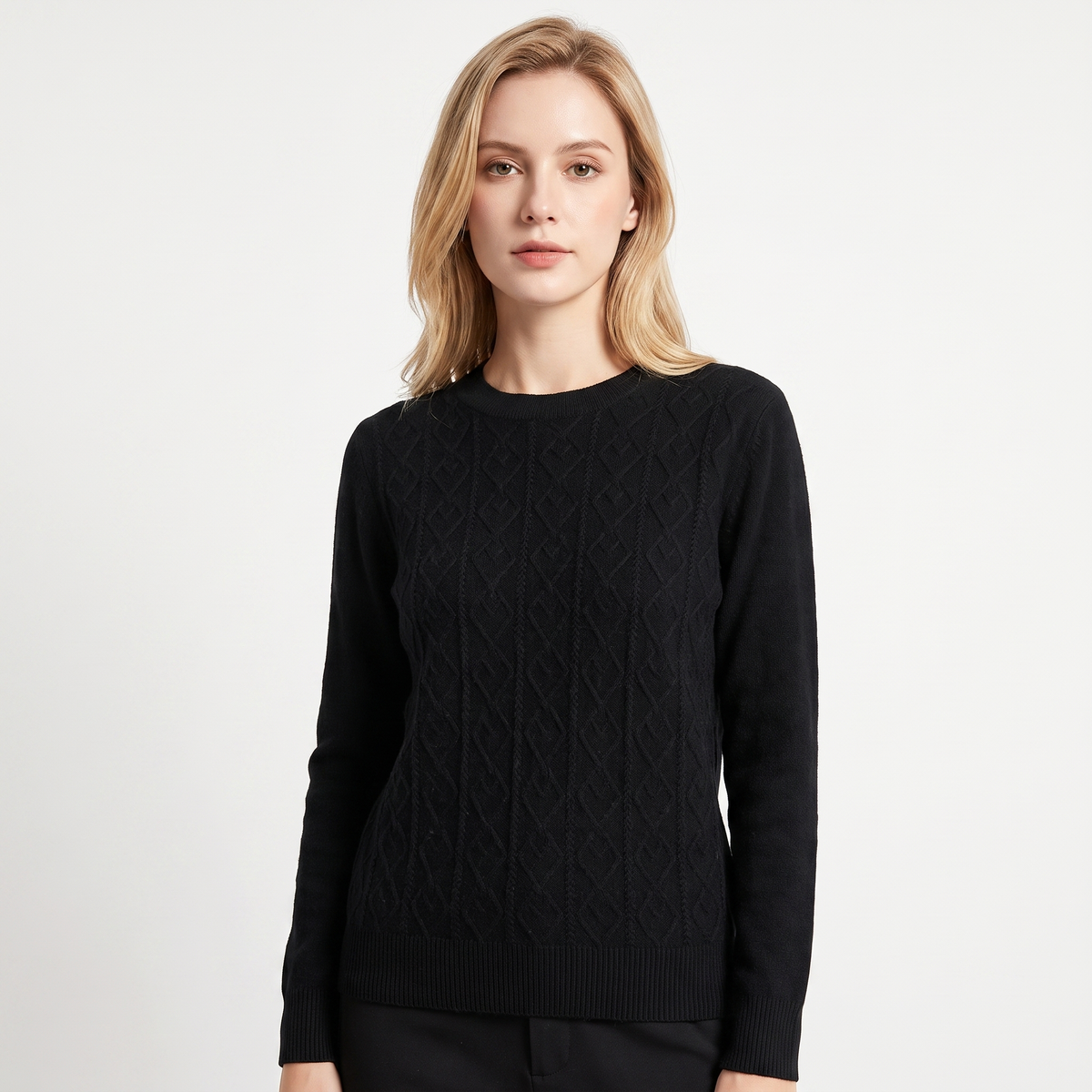 Women's Cable Knit Winter Sweater Crew-Neck Soft Wool Blend Pullover