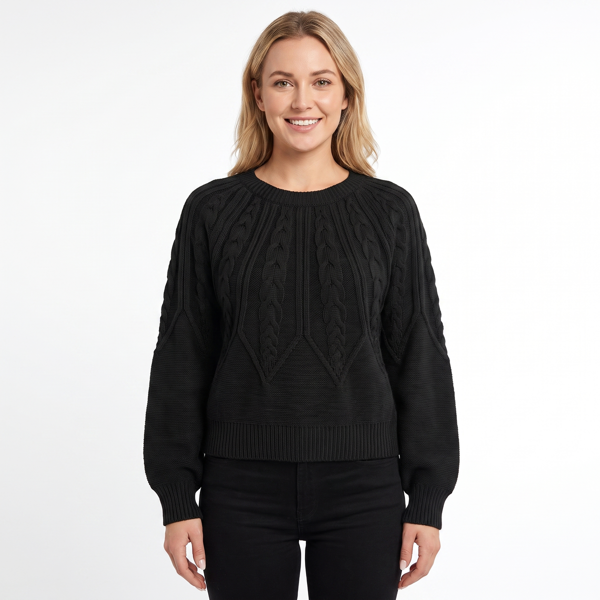 Women's Chunky Cable Knit Winter Sweater Balloon Sleeve Crew-Neck Pullover