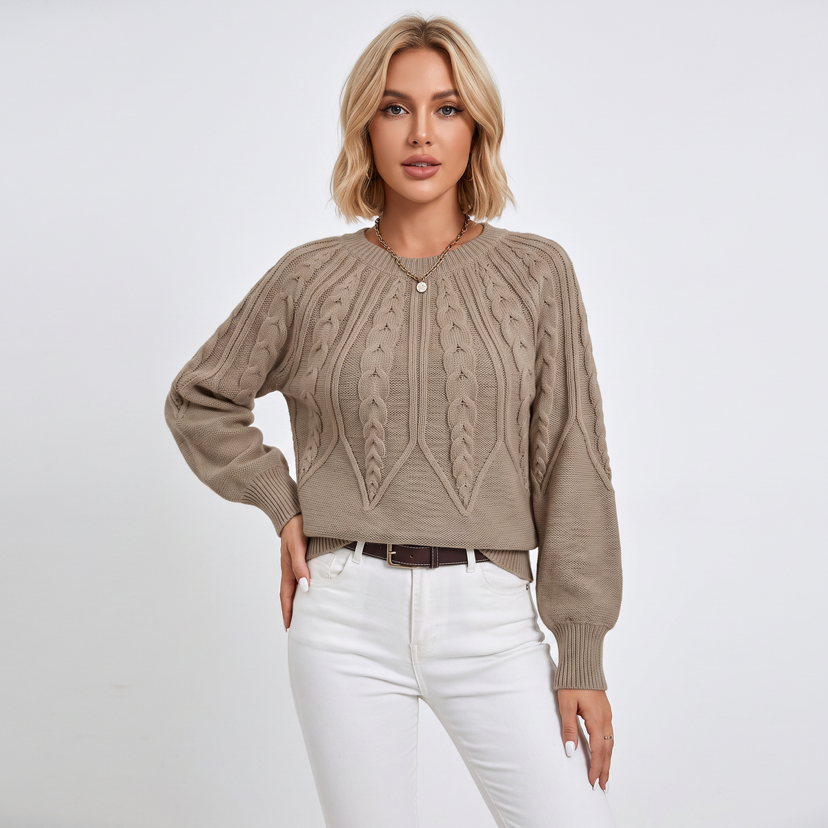Women's Chunky Cable Knit Winter Sweater Balloon Sleeve Crew-Neck Pullover
