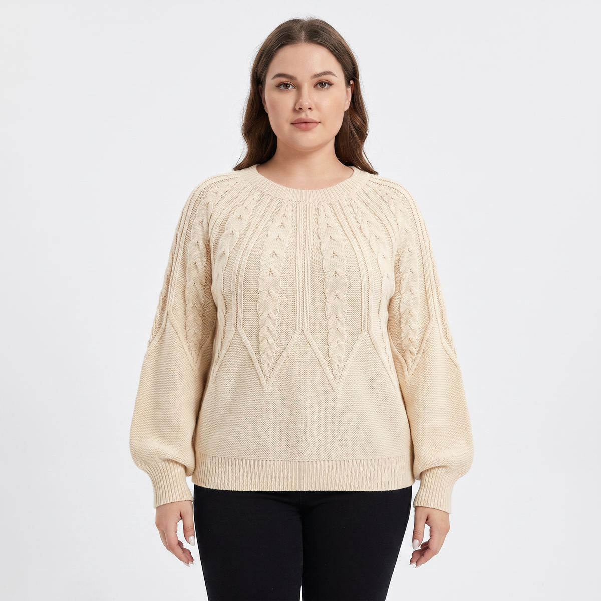 Women's Chunky Cable Knit Winter Sweater Balloon Sleeve Crew-Neck Pullover