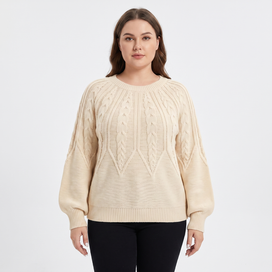 Women's Chunky Cable Knit Winter Sweater Balloon Sleeve Crew-Neck Pullover