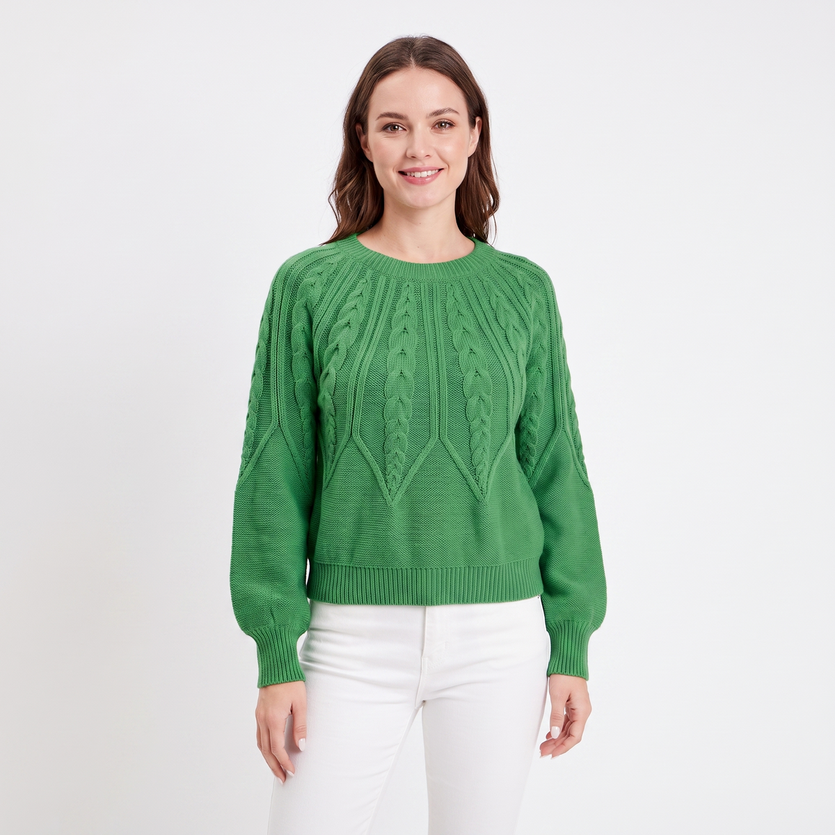 Women's Chunky Cable Knit Winter Sweater Balloon Sleeve Crew-Neck Pullover