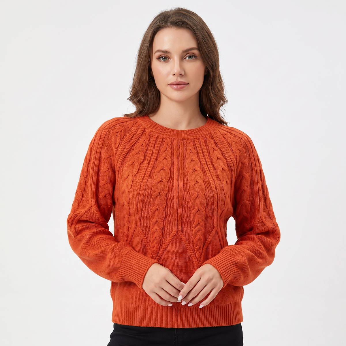 Women's Chunky Cable Knit Winter Sweater Balloon Sleeve Crew-Neck Pullover