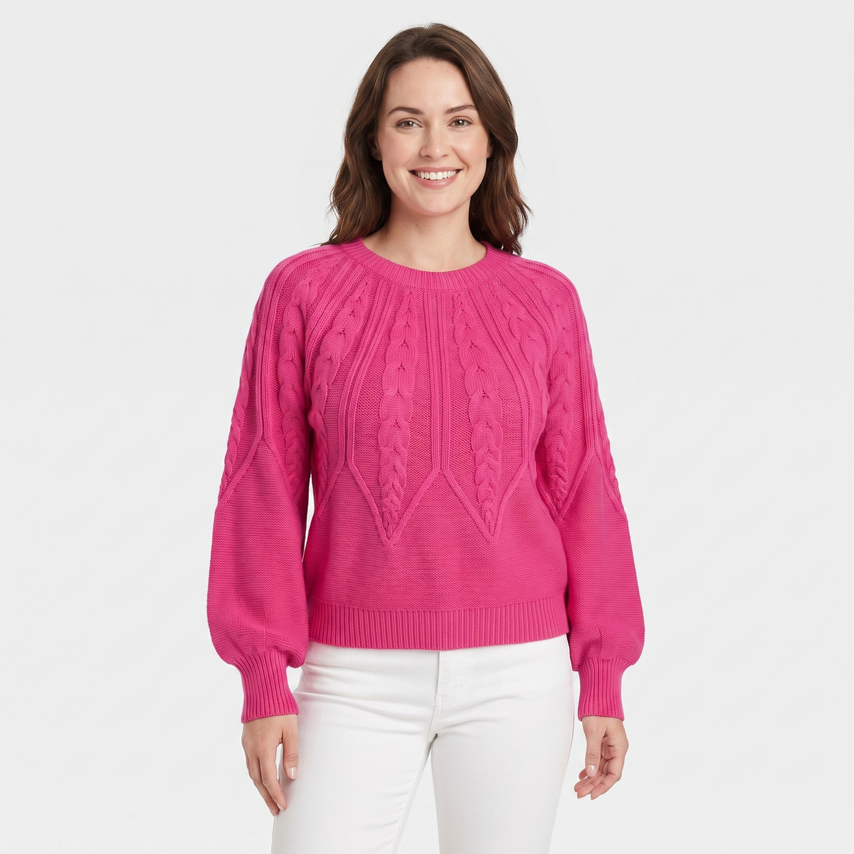 Women's Chunky Cable Knit Winter Sweater Balloon Sleeve Crew-Neck Pullover