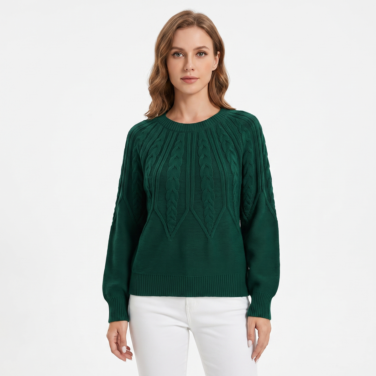 Women's Chunky Cable Knit Winter Sweater Balloon Sleeve Crew-Neck Pullover