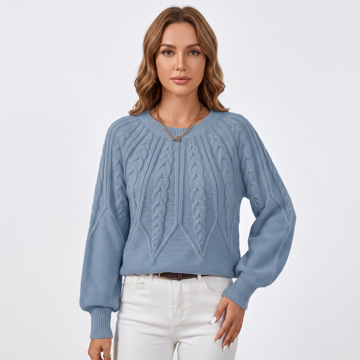 Women's Chunky Cable Knit Winter Sweater Balloon Sleeve Crew-Neck Pullover
