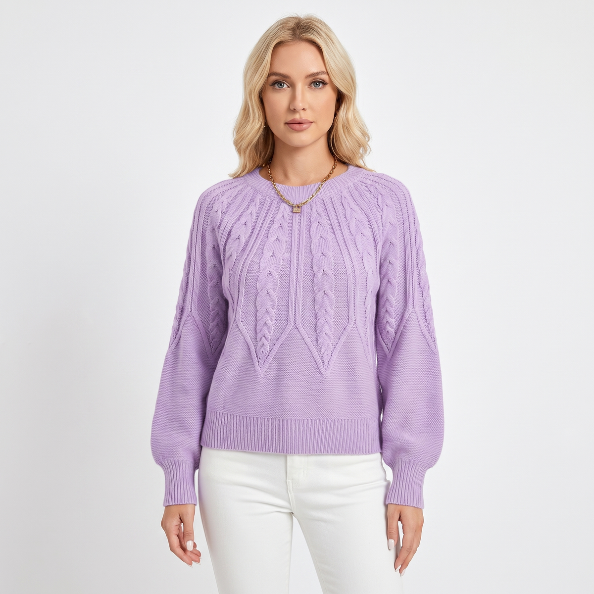 Women's Chunky Cable Knit Winter Sweater Balloon Sleeve Crew-Neck Pullover