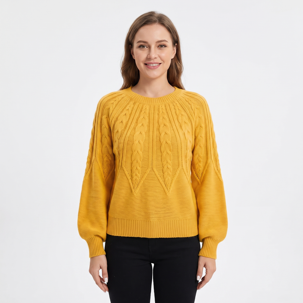 Women's Chunky Cable Knit Winter Sweater Balloon Sleeve Crew-Neck Pullover