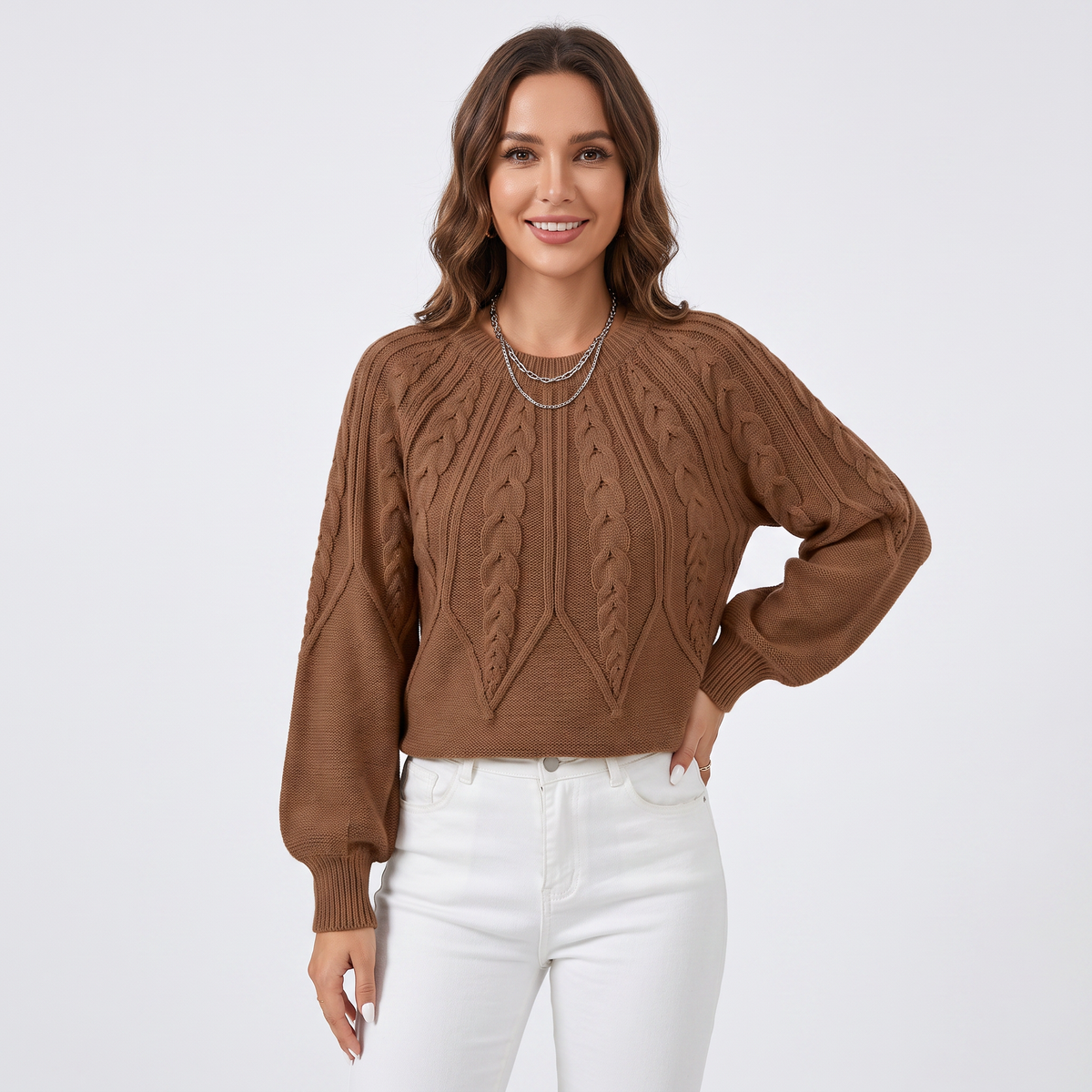 Women's Chunky Cable Knit Winter Sweater Balloon Sleeve Crew-Neck Pullover