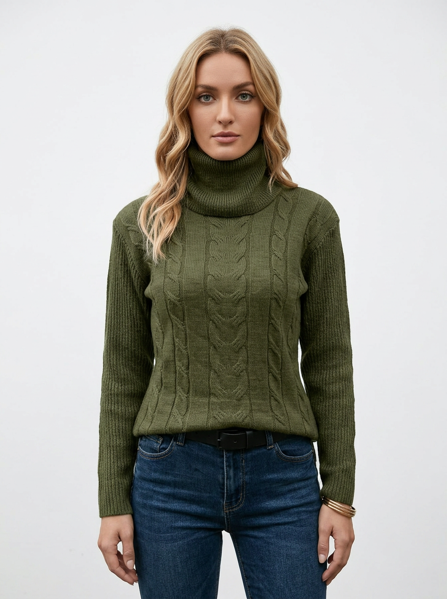 Women's Cable Knit Turtleneck Winter Sweater Slim-Fit Ribbed Pullover
