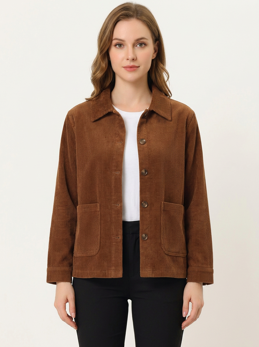 Women's Corduroy Jacket Button-Up Collared Utility Autumn Coat