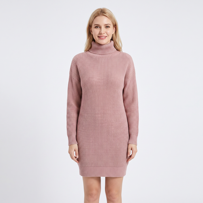 Women's Ribbed Knit Sweater Mock-Neck Mini Winter Dress