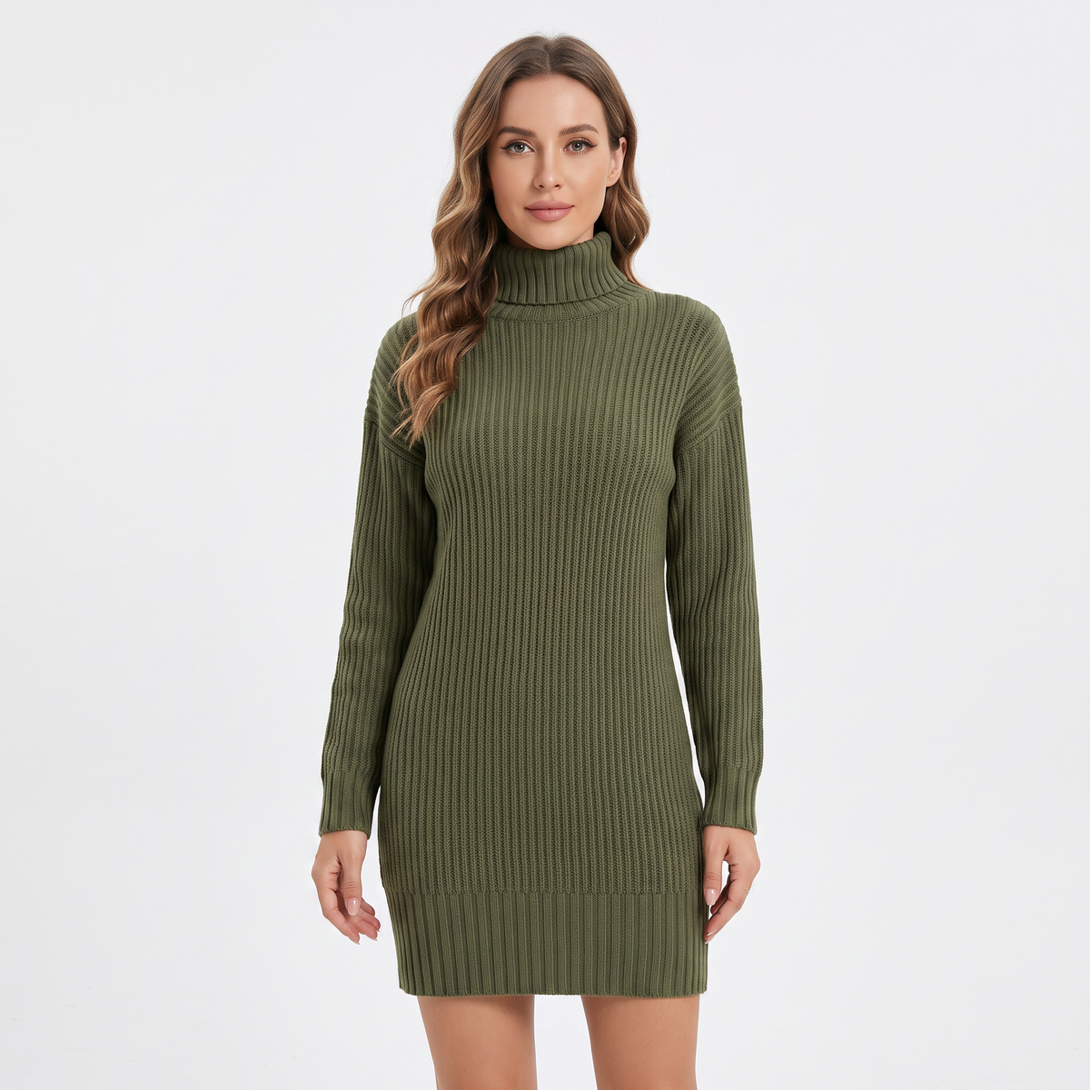 Women's Ribbed Knit Sweater Mock-Neck Mini Winter Dress