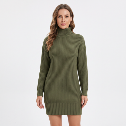 Women's Ribbed Knit Sweater Mock-Neck Mini Winter Dress