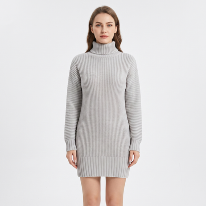 Women's Ribbed Knit Sweater Mock-Neck Mini Winter Dress