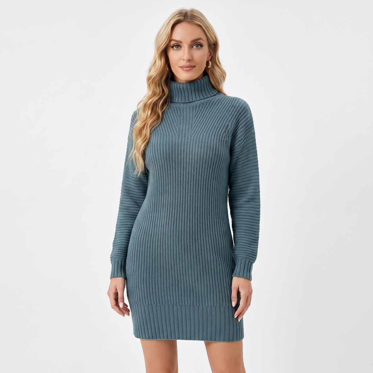 Women's Ribbed Knit Sweater Mock-Neck Mini Winter Dress