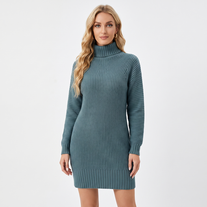 Women's Ribbed Knit Sweater Mock-Neck Mini Winter Dress
