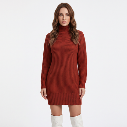 Women's Ribbed Knit Sweater Mock-Neck Mini Winter Dress