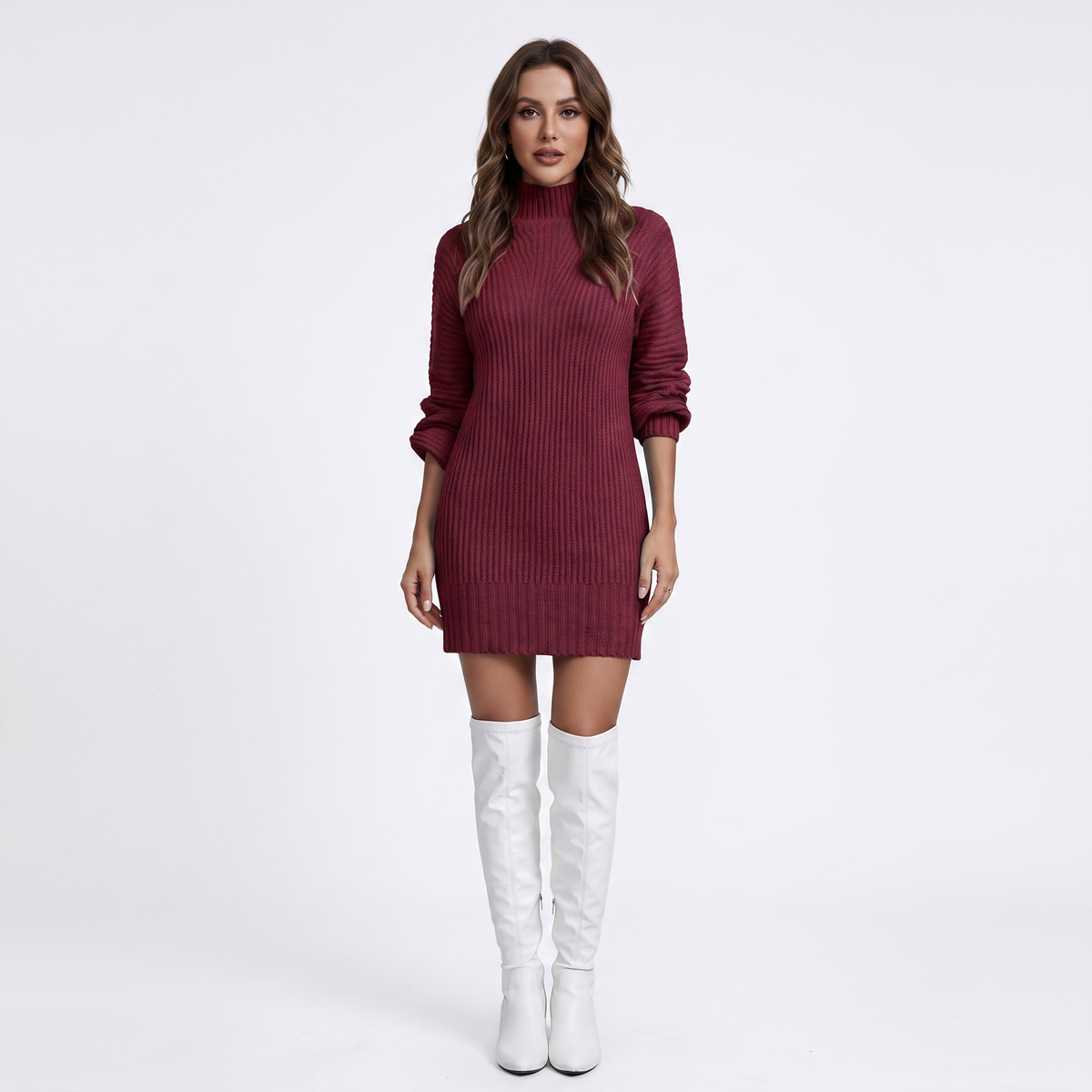 Women's Ribbed Knit Sweater Mock-Neck Mini Winter Dress