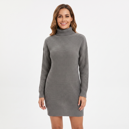 Women's Ribbed Knit Sweater Mock-Neck Mini Winter Dress