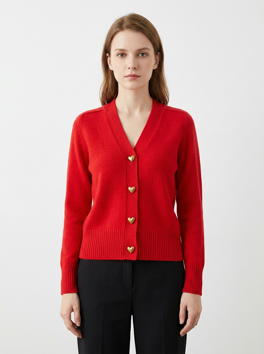 Women's V-Neck Sweater Heart Button Knit Winter Cardigan
