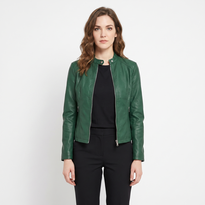 Women's Leather Moto Fitted Zip-Up Biker Autumn Jacket