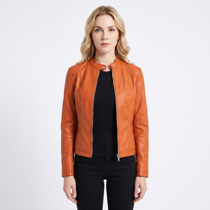 Women's Leather Moto Fitted Zip-Up Biker Autumn Jacket