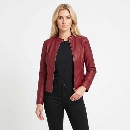 Women's Leather Moto Fitted Zip-Up Biker Autumn Jacket