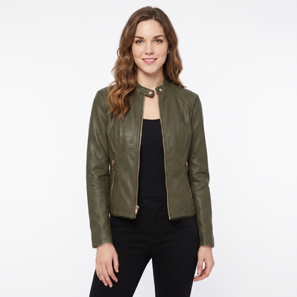 Women's Leather Moto Fitted Zip-Up Biker Autumn Jacket