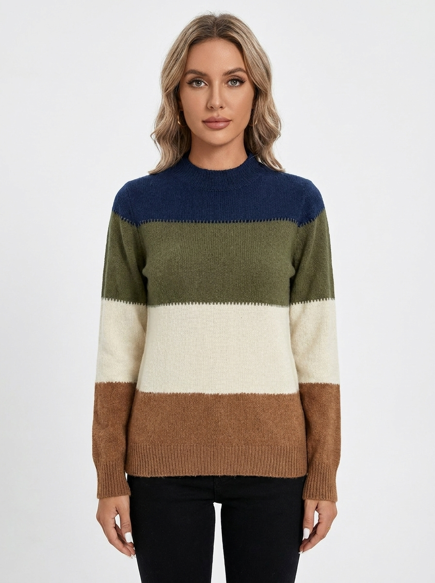 Women's Colorblock Winter Sweater Mock-Neck Striped Knit Pullover