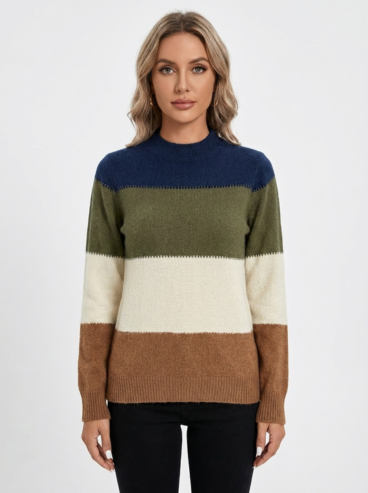 Women's Colorblock Winter Sweater Mock-Neck Striped Knit Pullover