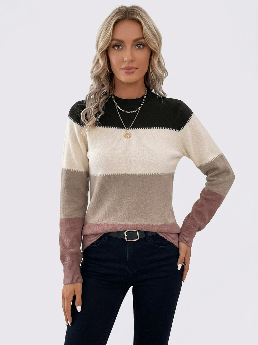 Women's Colorblock Winter Sweater Mock-Neck Striped Knit Pullover