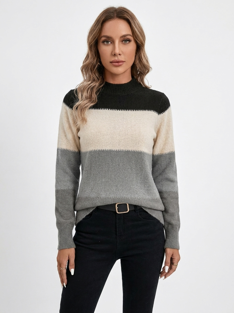 Women's Colorblock Winter Sweater Mock-Neck Striped Knit Pullover