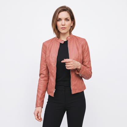 Women's Leather Moto Fitted Zip-Up Biker Autumn Jacket