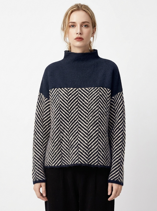 Women's Herringbone Turtleneck Winter Sweater Oversized Knit Pullover