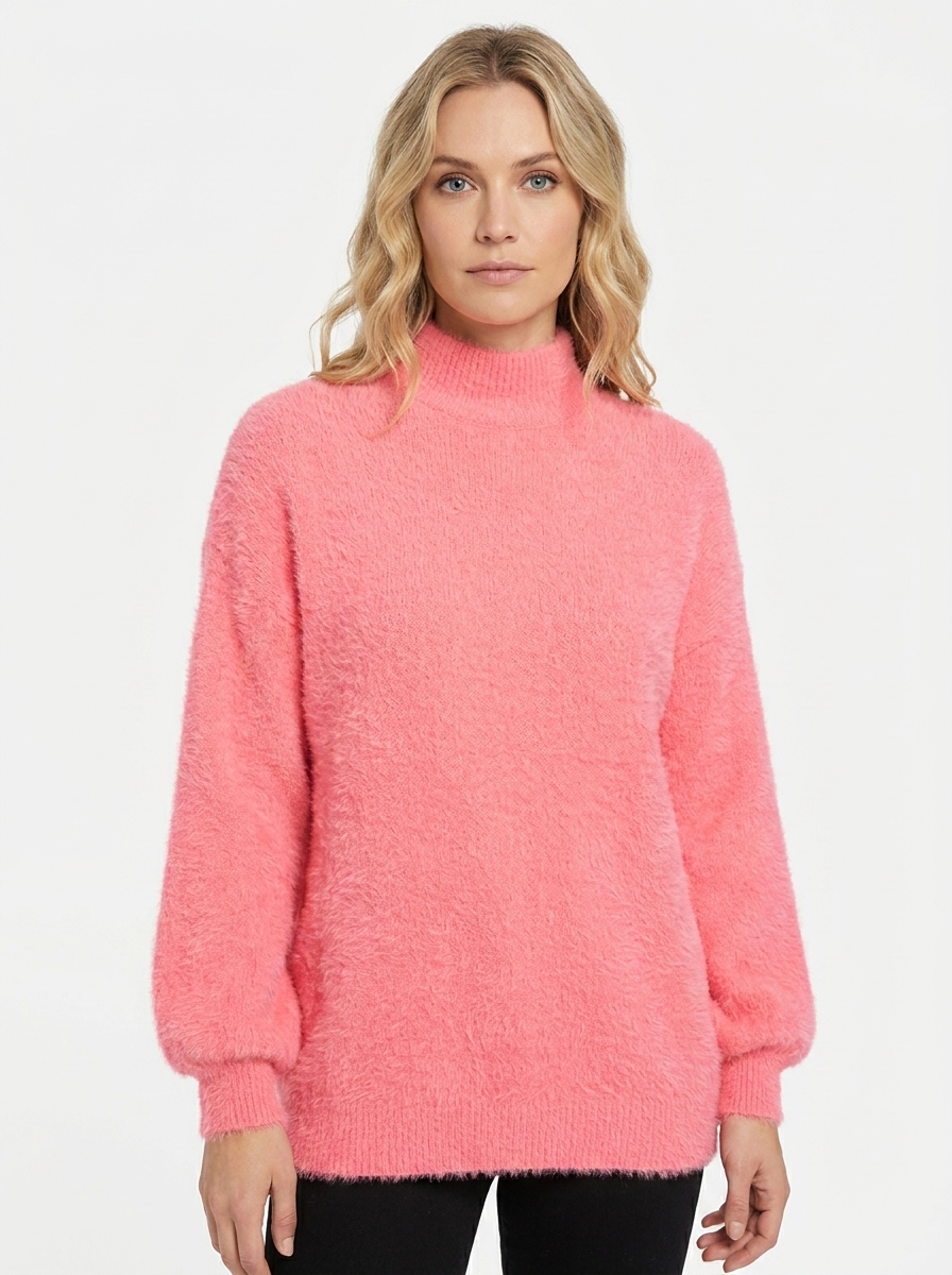 Women's Fuzzy Knit Mock-Neck Winter Sweater Balloon Sleeve Pullover