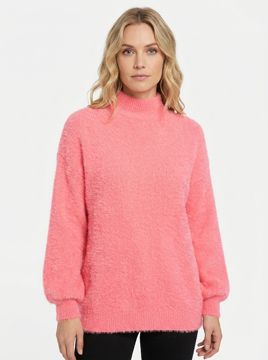Women's Fuzzy Knit Mock-Neck Winter Sweater Balloon Sleeve Pullover